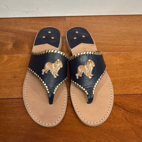 NWOB Jack Rogers Women’s Sandals Golden Retriever Dog Embroidered Black Size 10 - Picture 1 of 7